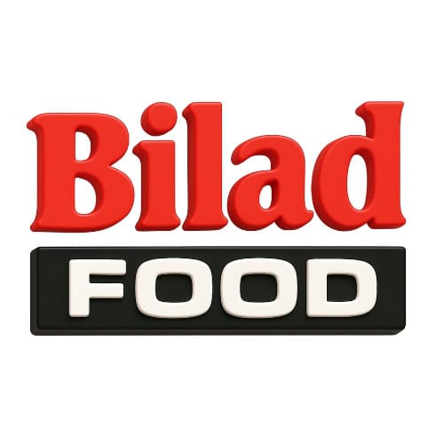 Bilad Food logo avec texte en relief rouge et blanc sur fond blanc, représentant une marque alimentaire.