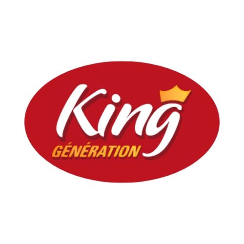 Reproduction du logo King Génération avec une couronne jaune, fond rouge, et texte blanc et jaune pour une identité visuelle forte.