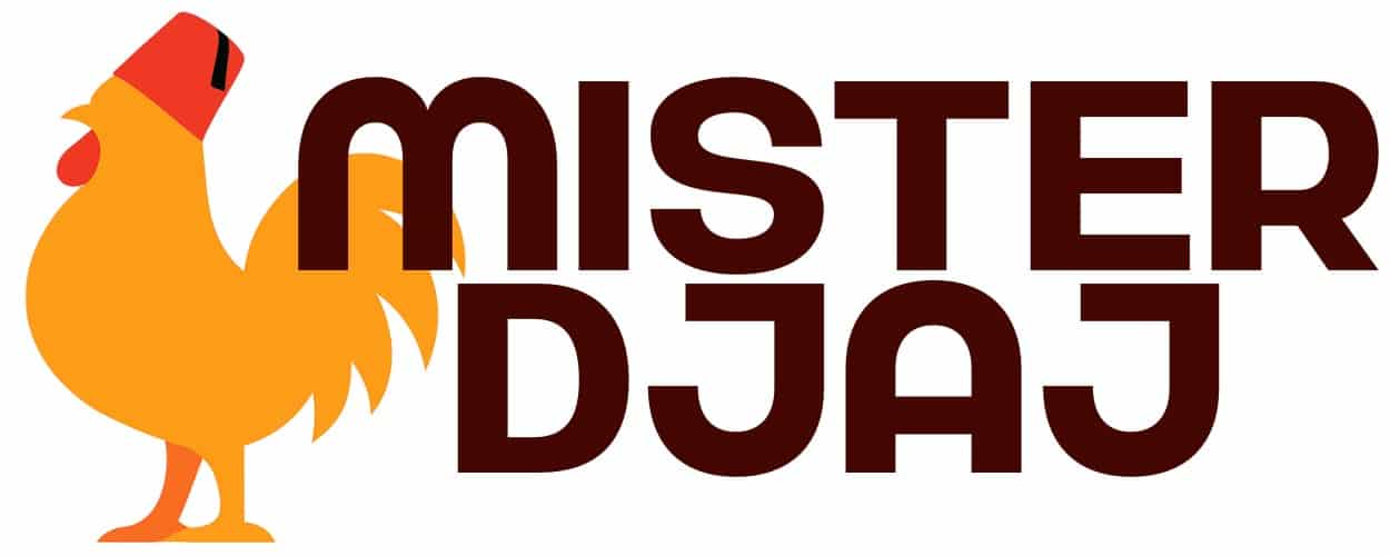 Poulet stylisé avec texte « Mister Djaj » logo pour service traiteur, restauration ou événement, design simple et coloré, image représentant la cuisine ou le chef.